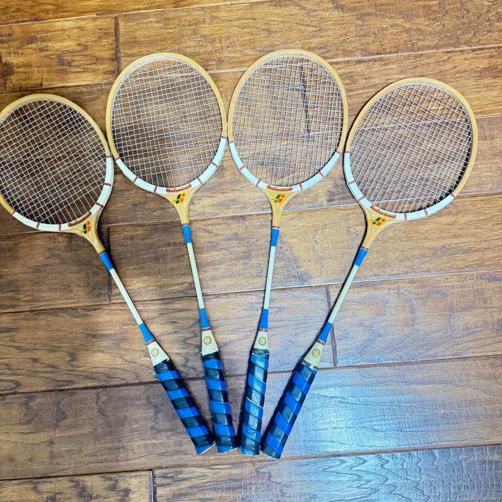 Set of 4 VTG 80s Professional Wood Badminton Rackets Fiberglass Made in Taiwan